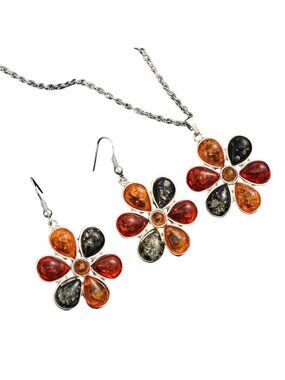 Imitation Amber Flower Necklace & Earring Set Silver Tone